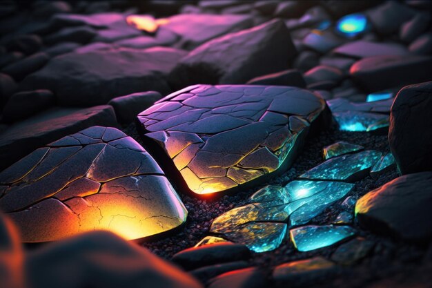 Fantasy stones abstract background with neon lights