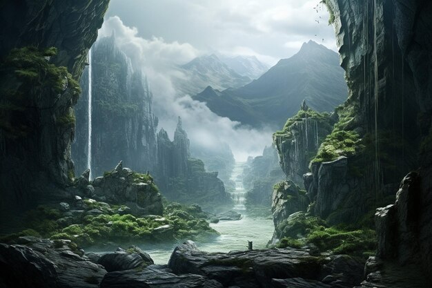 山の風景を描いたファンタジースタイルのシーン