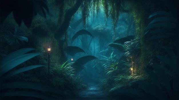 Fantasy styled in a jungle in night by Generative AI