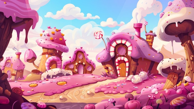 A fantasy sugar world with cakes and cookies caramel and ice cream houses Cartoon modern landscape scene of a cute fantasy fairy sugar world with sweet dessert houses