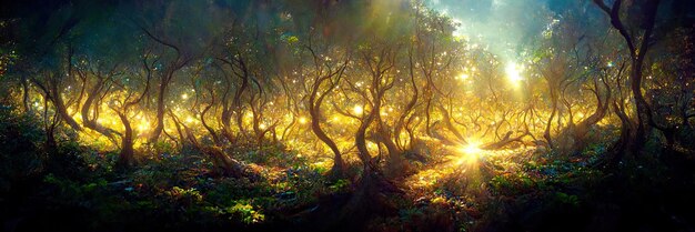 Fantasy sun forest floor, trees, nature, green, light. Forest landscape. Digital Illustration