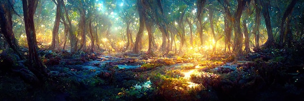 Fantasy sun forest floor, trees, nature, green, light. Forest landscape. Digital Illustration