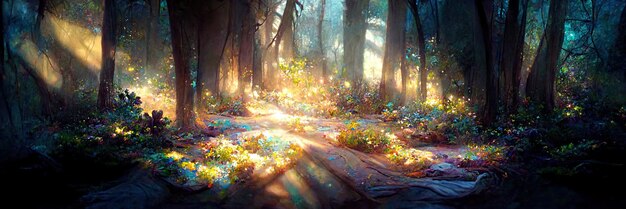 Fantasy sunlight forest floor, trees, nature, green, light. Forest landscape. Digital Illustration