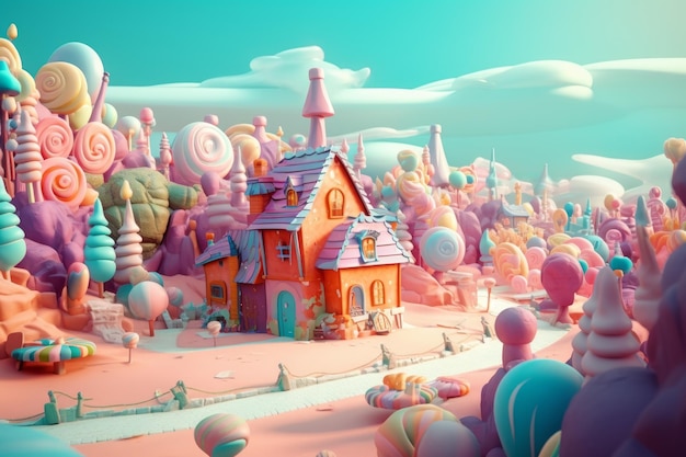 Photo fantasy sunny candy village generate ai