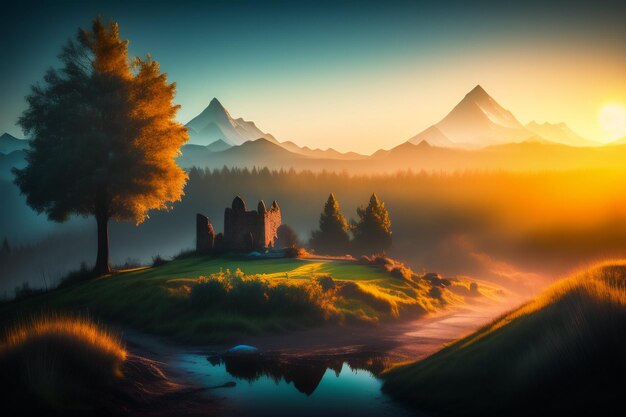 Photo fantasy sunset in the mountains and lake background illustration