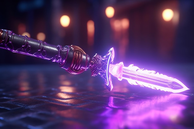 Photo fantasy sword in the dark with neon lights