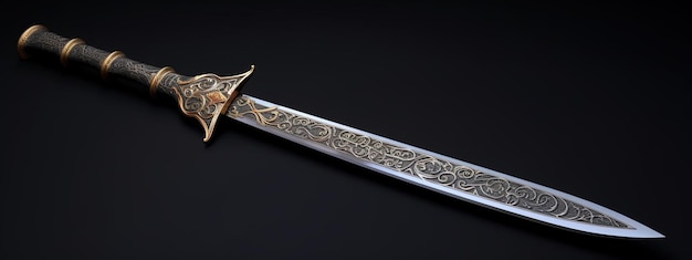 Photo a fantasy sword is sitting on a dark surface in the style of classical motifs