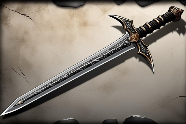 Photo fantasy sword with sharp blade and rune or symbol on hilt