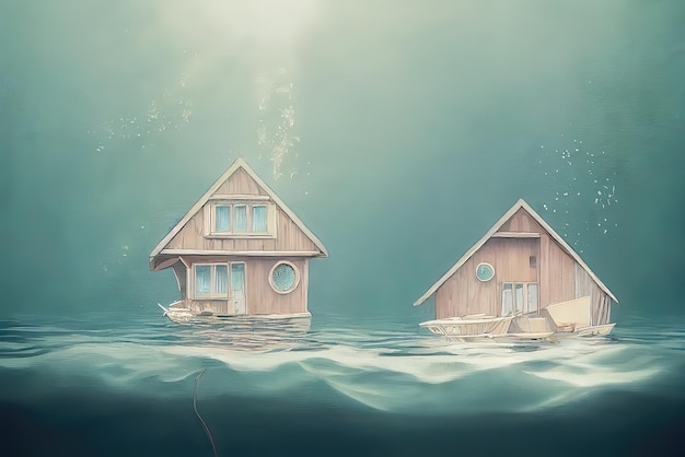 Fantasy Tiny house Floating above a boat