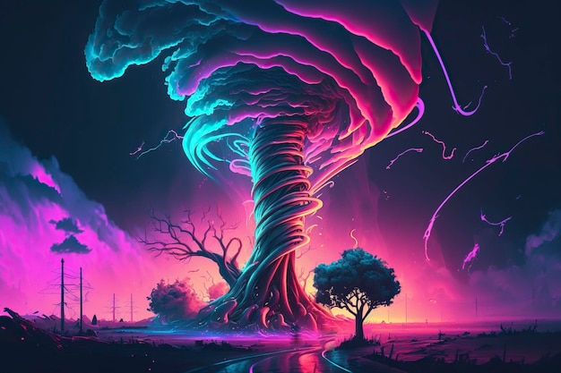 Fantasy tornado neon colors magic lights Generative AI