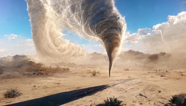 Фантастический торнадо с пылью и брызгами воды в пустыне