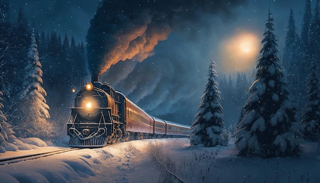 Фантастический поезд мчится по рельсам в самой темной ночи с генеративным искусственным интеллектом