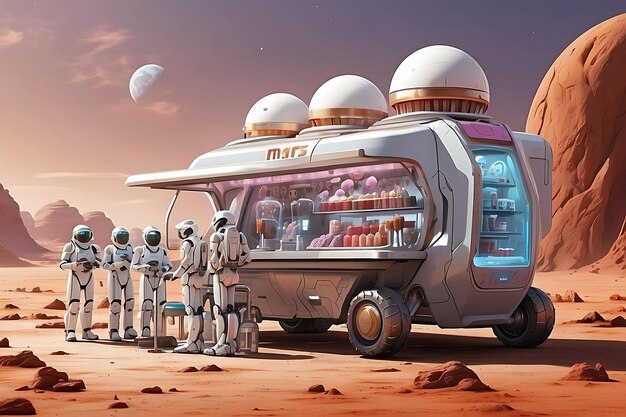 Fantasy travel Spaceship Ice cream truck on mars