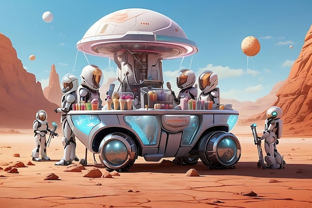Fantasy travel Spaceship Ice cream truck on mars