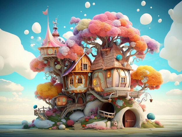 Photo fantasy tree animated 3d art wallpaper digital art in the style of playful use of shapes mushroom