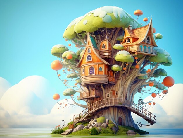 Photo fantasy tree animated 3d art wallpaper digital art in the style of playful use of shapes mushroom