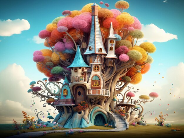 Photo fantasy tree animated 3d art wallpaper digital art in the style of playful use of shapes mushroom