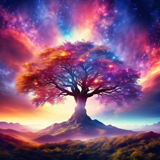 우주 AI에서 다채로운 구름과 함께 별빛 하늘 앞의 판타지 나무