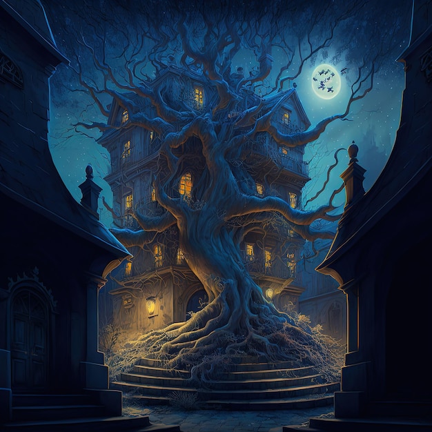 Fantasy tree house Fairytale fantasy landscape tree house 3D illustration