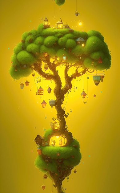 Fantasy tree houses on a bright background