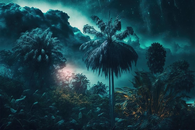 Фантастический тропический лес ночью таинственный свет в сказочных джунглях генеративный AI