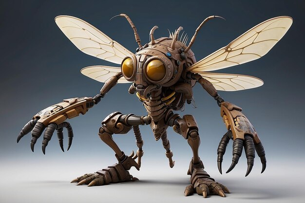 Фантастический персонаж мухи Цетсе с телом в шести упаковках готов к войне с продвинутым оружием, стоящим с двумя ногами в момент войны