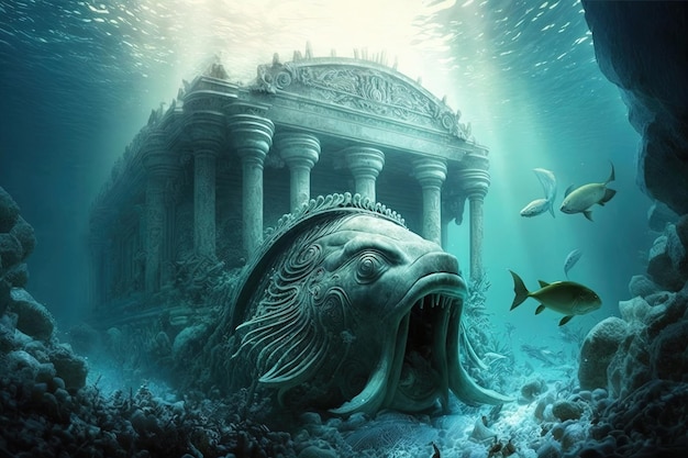 Fantasy underwater seascape with lost city Generative AI