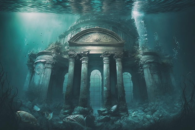 Фантастический подводный морской пейзаж с затерянным городом Генеративный ИИ