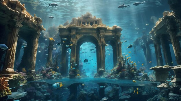 Photo fantasy underwater seascape with lost city