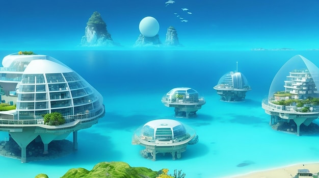 Фантастический подводный морской пейзаж с затерянным городом