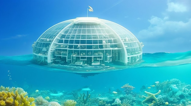 Фантастический подводный морской пейзаж с затерянным городом