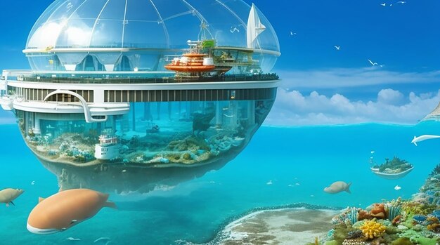 Photo fantasy underwater seascape with lost city