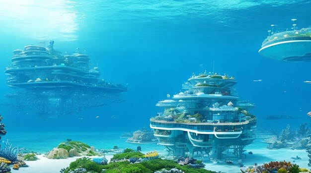 Fantasy underwater seascape with lost city