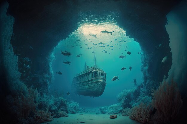 Фантастический подводный морской пейзаж со старым кораблекрушением Генеративный AI
