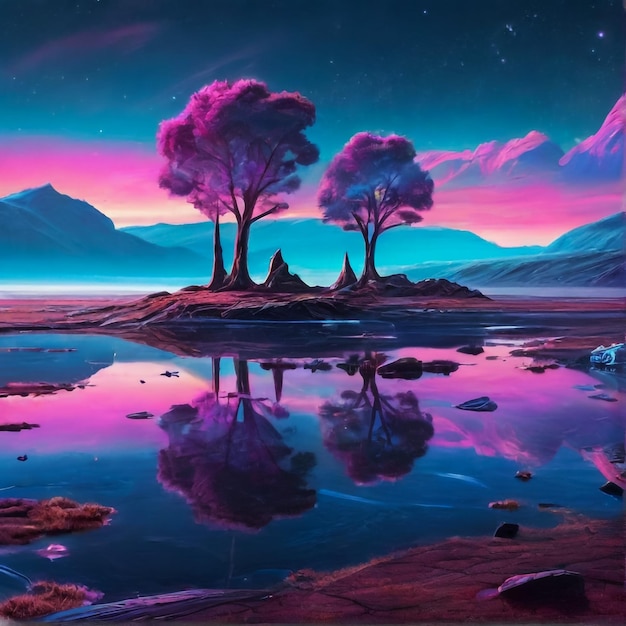 Fantasy van neon waterval in het diepe bos gloeiende kleurrijke uiterlijk als sprookje 2D illustratie