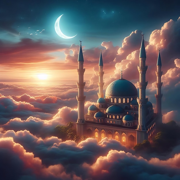 Fantasy view of mosque above clouds in sunset scenery