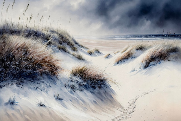 Фантастический вид на снежные дюны у моря, заснеженные растения, драматические небесные песчаные дюны, нарисованные акварелью