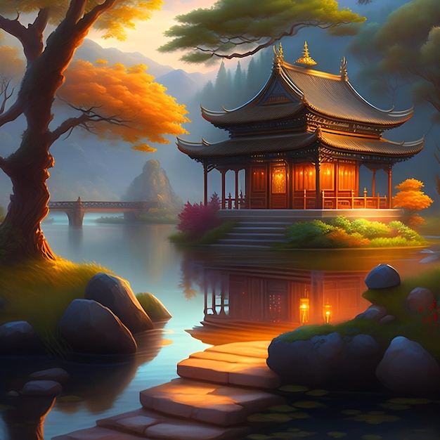 Fantasy village ancient chinese architecture steps riverside beautiful mystical lovely water