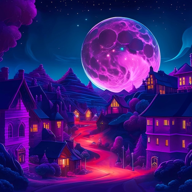 Fantasy Village Night View Generated Ai