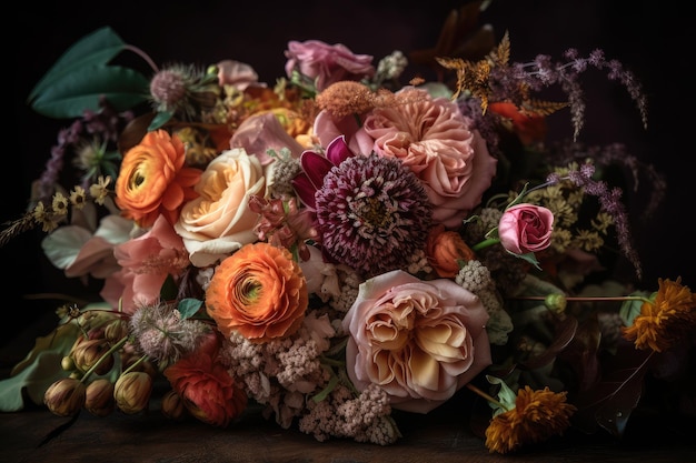 Fantasy vintage flower bouquet with variety of blooms and textures