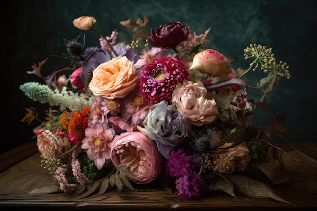 Fantasy vintage flower bouquet with variety of blooms and textures