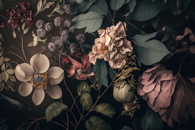 Fantasy vintage wallpaper botanical flower background Generative AI