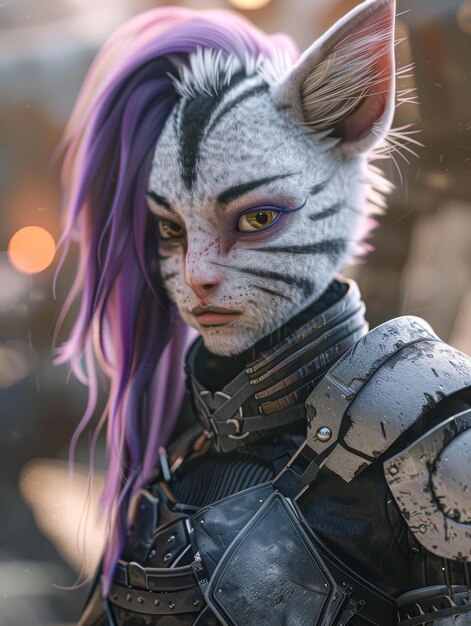 Photo fantasy warrior with feline features in futuristic armor