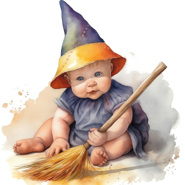 Fantasy watercolor baby wizard illustration