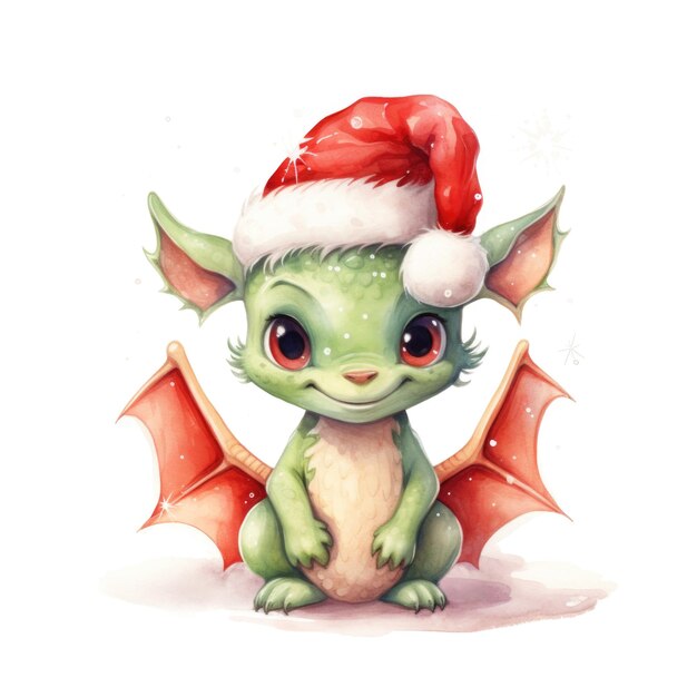 Fantasy watercolor christmas dragon with santa hat on white background Symbol of the year 2024