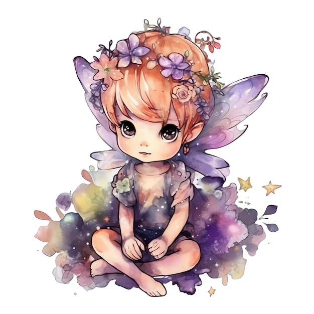 Fantasy watercolor cute little fairy illustration