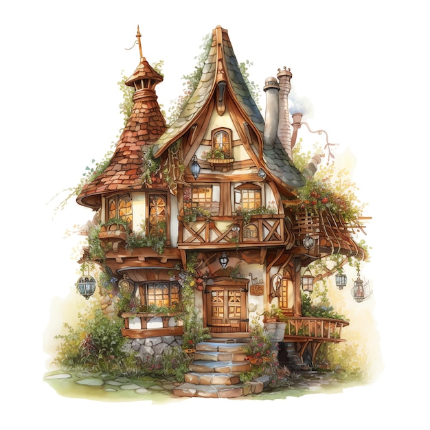 Fantasy watercolor fantasy fairy house illustration