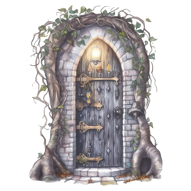 Fantasy watercolor magical witch door house illustration