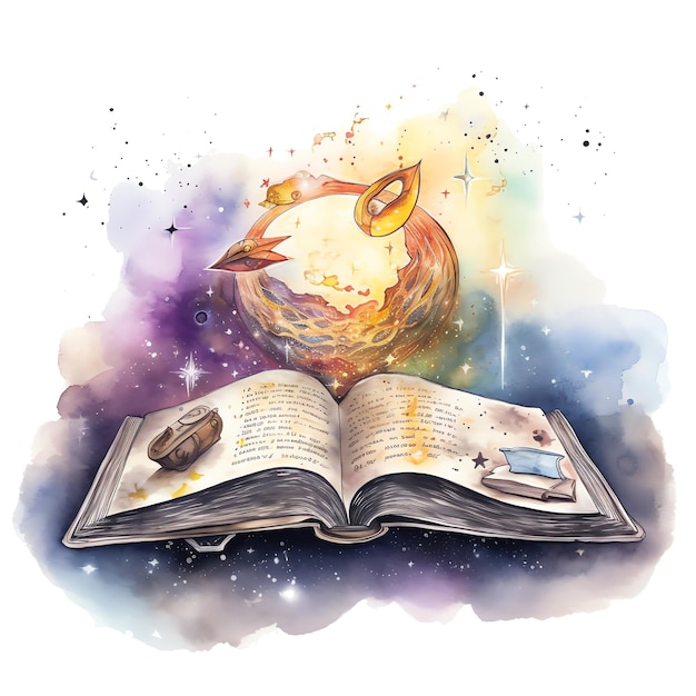 Fantasy watercolor open book of fantasy magical world illustration