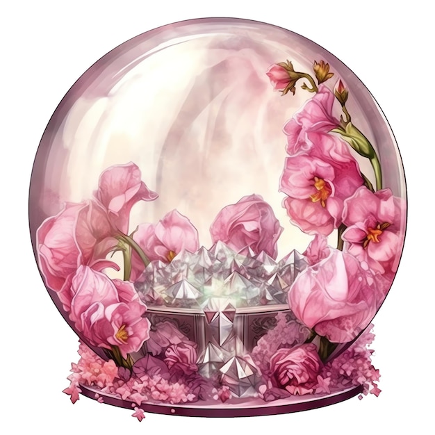 Fantasy watercolor pink floral Crystal ball illustration